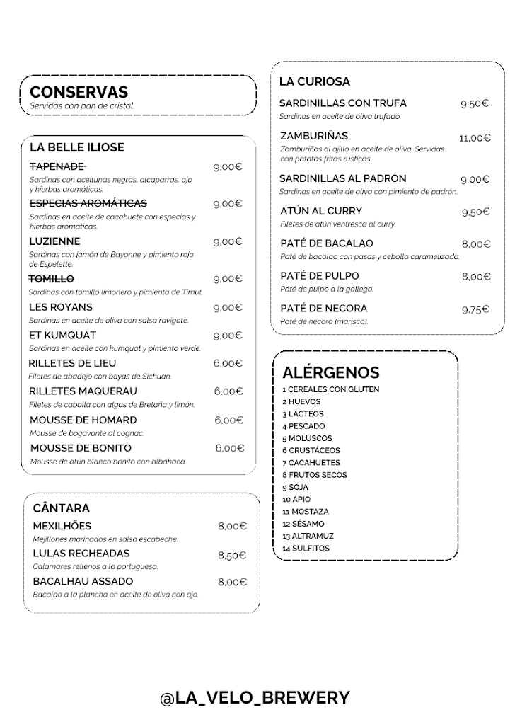 MENU LA VELO CONSERVAS Menú La Velo Conservas